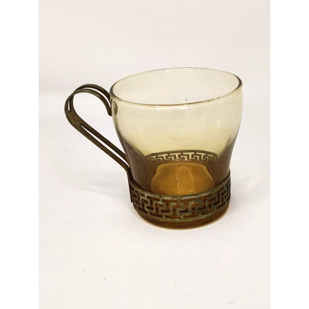 Vintage Amber Libbey Glasses With Brass Handle - Single Cup4